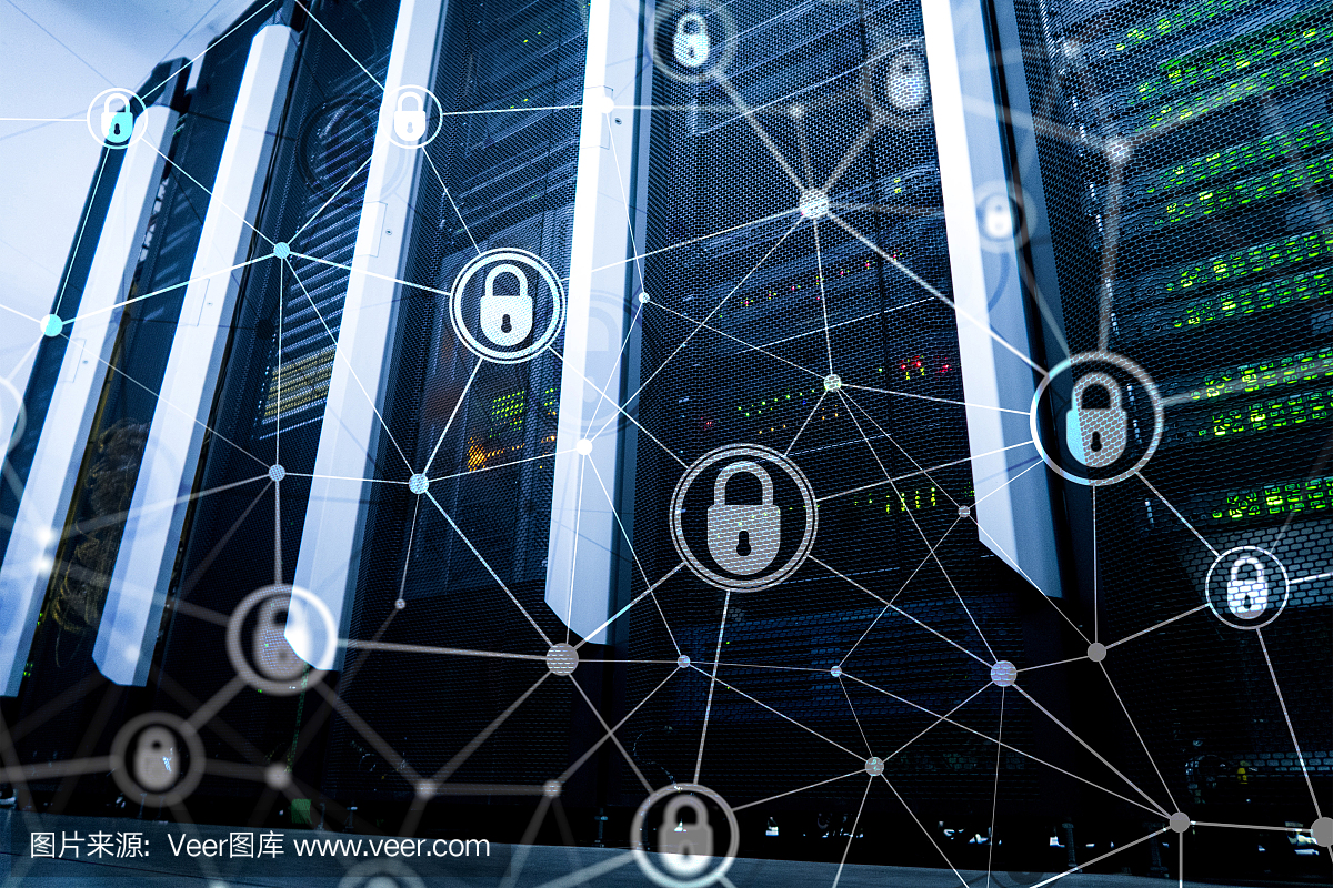 網絡安全,信息隱私,數據保護概念在現(xiàn)代服務器室背景下?；ヂ?lián)網和數字技術的概念。