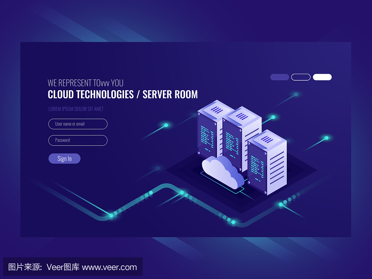 云數據中心、服務器室圖標、信息請求處理、計算機技術、等距矢量紫外