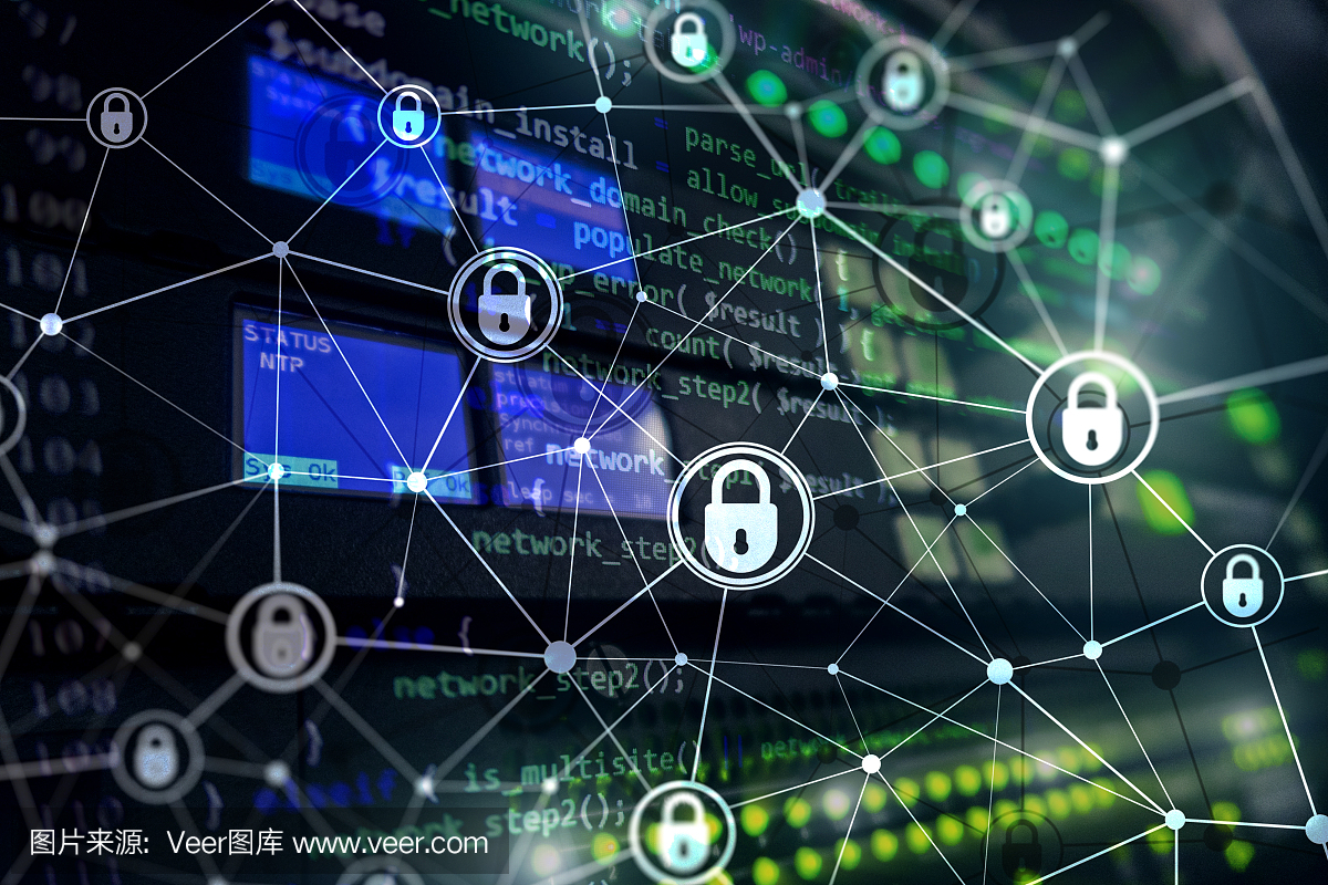 網絡安全,信息隱私,數據保護概念在現代服務器室背景下?；ヂ摼W和數字技術的概念。