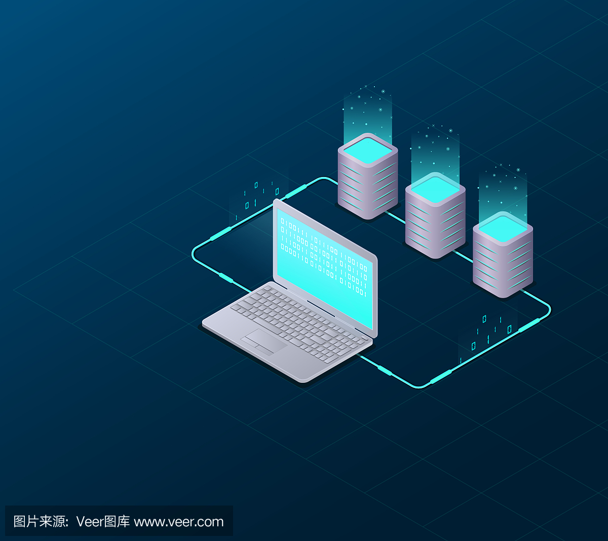 大數據處理概念、網絡主機和服務器室、計算機。互聯網網絡通信。大數據數據同步與存儲。三維平面設計。